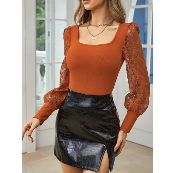 Pumpkin Spice Crochet Sleeve Sweater Top - Orange - Picture 5 of 6